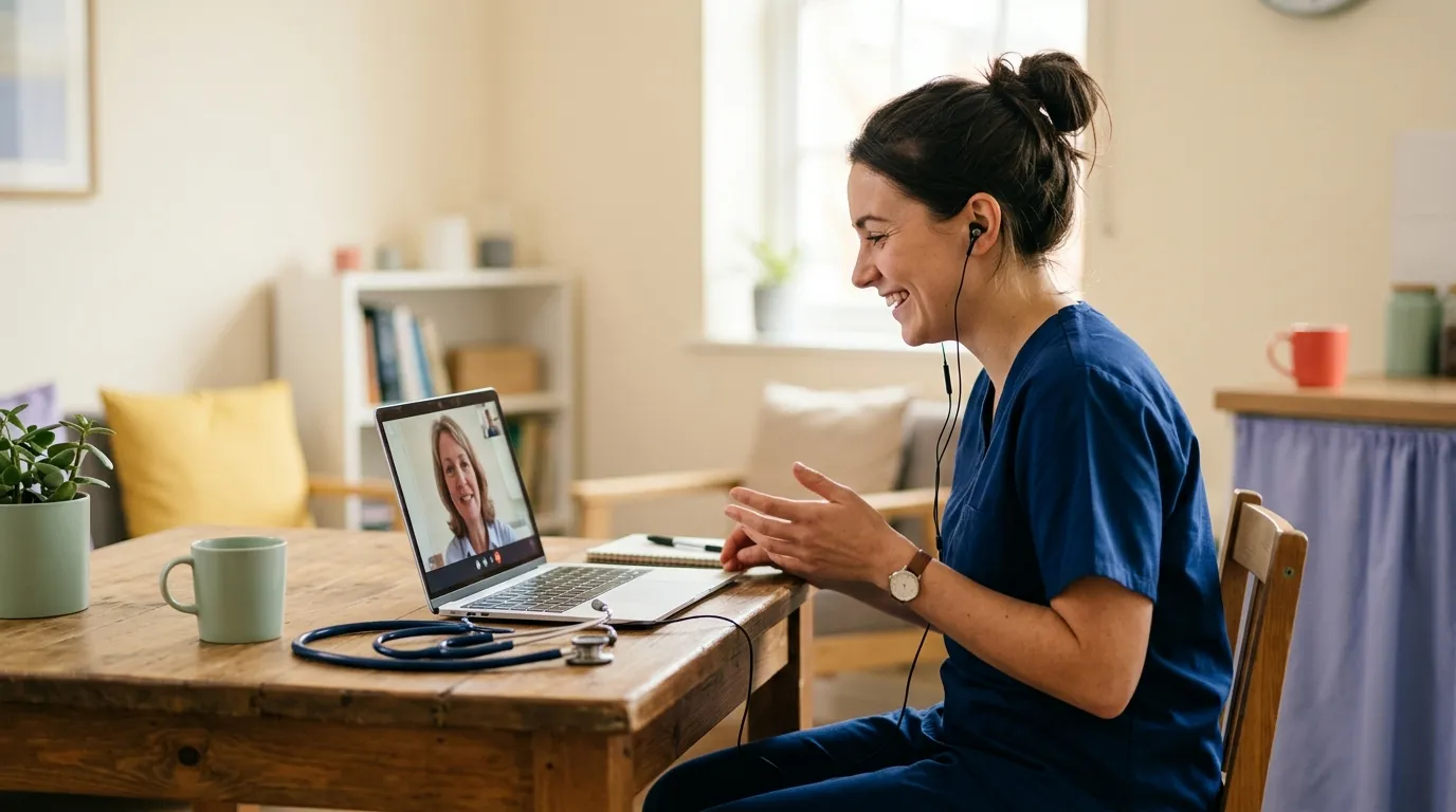 Nurse in scrubs with earbuds talking to a Spanish tutor on a laptop, a stethoscope on the table
